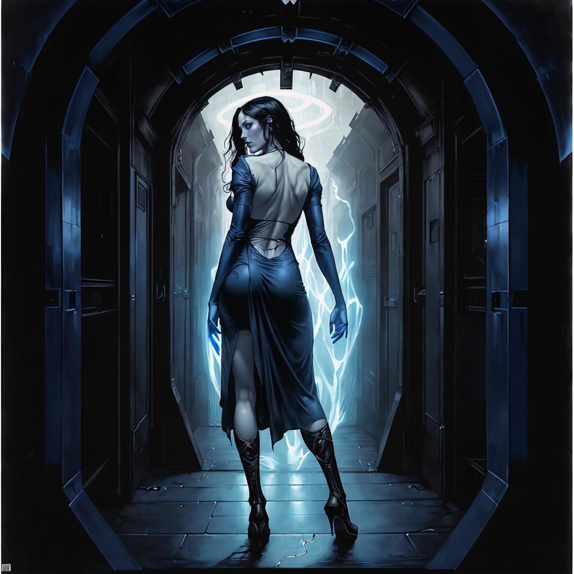 A woman in a dark dress is walking through a dark hallway - SeaArt AI