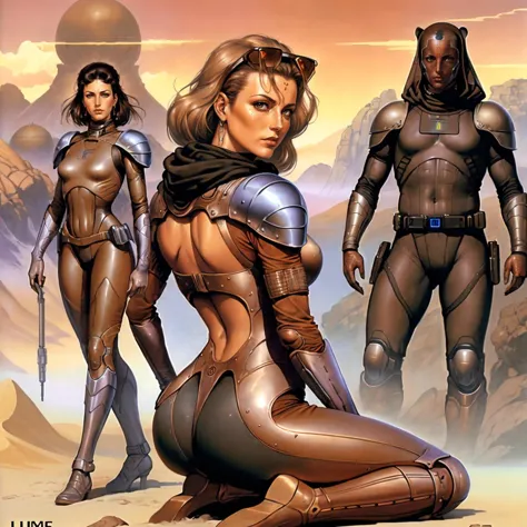 sci-fi and post apocalypse artwork, (dune), rear angle, highly detailed painting of a (Fremen woman in the desert), hazel eyes, (wearing a brown leather stillsuit with a gray headscarf), toned body, big ass, bold colors, mirage, oil on canvas, wanderlust, hires scan, masterpiece, dune concept art, ass worship, (by Hajime Sorayama and Luis Royo:1.2)