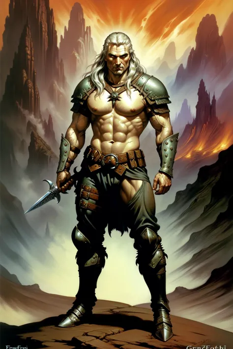 erotic grimdark, a highly detailed painting of geralt of rivia in armor, perfect face, fantasy background, (by Frank Frazetta)