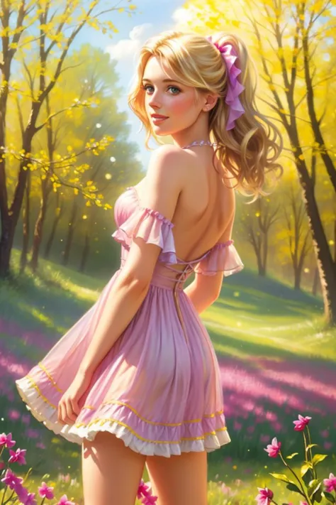 closeup happy, meadow, woods, hill, tilt-shift, dappled light particles, sunshine, blonde, bare shoulder, wearing hair ribbons, ...