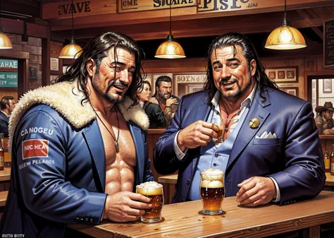 Cowboy-Schuss, Gemälde von Simon Bisley, von zwei [fett] Britische Männer, beide (Anzüge tragen), [Lachen | reden] über ein Pint Bitter, in einer Bar, Meisterwerk