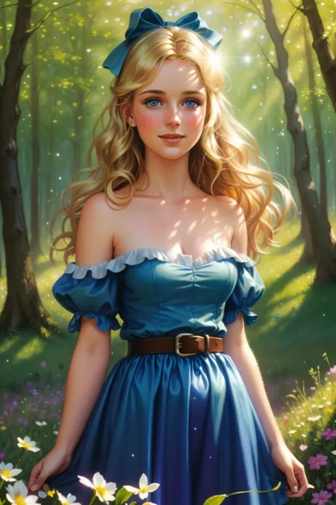 closeup happy, meadow, woods, hill, tilt-shift, dappled light particles, lens flare, blonde, bare shoulder, wearing hair ribbons, (cobalt clothes), pastel, rainbow, hdr, masterpiece, detailed photorealistic painting