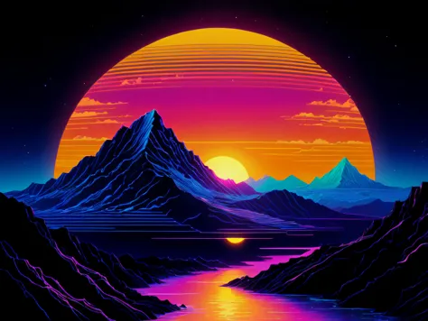 Retroonda Retroonda Sol Synthwave 8k Vaporwave 4k, 4k, ilustración, década de 1980, arte digital, brillante, rayos de sol, atardecer, naturaleza, Vistoso, obra de arte, paisaje, líneas, 7-RetroDigital, un psicodélico psicodélico psicodélico psicodélico psicodélico psicodélico psicodélico, paleta de microondas, a retropunk naturalezawave defender, mountains and Vistoso atardecer!!, inspirado en David A. Hardy, Degradados rosa y azul, barra de fondo