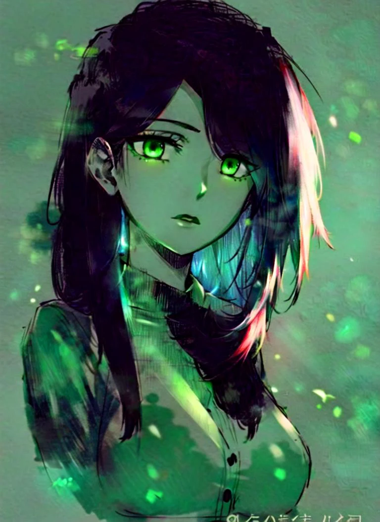 ((best quality)), ((highly detailed)), masterpiece, ((official art)), extremely detailed face, beautiful face, (detailed eyes, deep eyes), (1girl), shegolady, athletic, green eyes, black lips, black hair, green fire, glowart:1, glowing, sketch, drawing