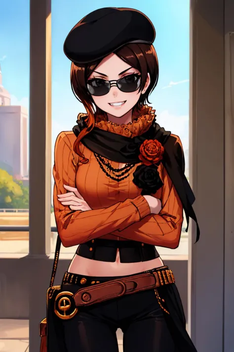 (masterpiece, best quality:1.2), cowboy shot, solo, 1girl, coco adel, grin, looking at viewer, looking over eyewear, crossed arms, beret, sunglasses, orange sweater, black (gloves:1.1), pants, jewelry, belt, scarf 