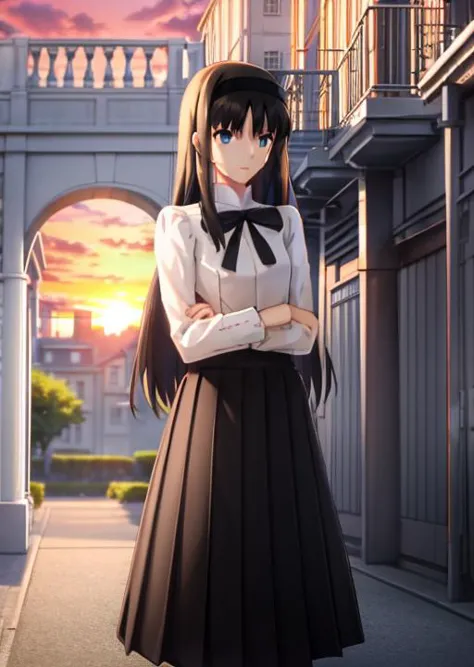 tohno akiha, ((1girl)), :d, arms at sides, bangs, black hair, black hairband, black ribbon, black skirt, bloom, blue eyes, breasts, building, clenched hand, cloud, diffraction spikes, gradient hair, hairband, house, lens flare, long hair, long skirt, long sleeves, looking at viewer, mansion, neck ribbon, outdoors, pleated skirt, shirt, skirt,  small breasts,  (((solo))), standing, sunset, white shirt, wind , ((masterpiece)),  <lora:ufotable_lycoris_v4:0.8> <lora:akiha-10:1>whole body, looking at viewers, focus on the girl,  crossed arms, light smile,