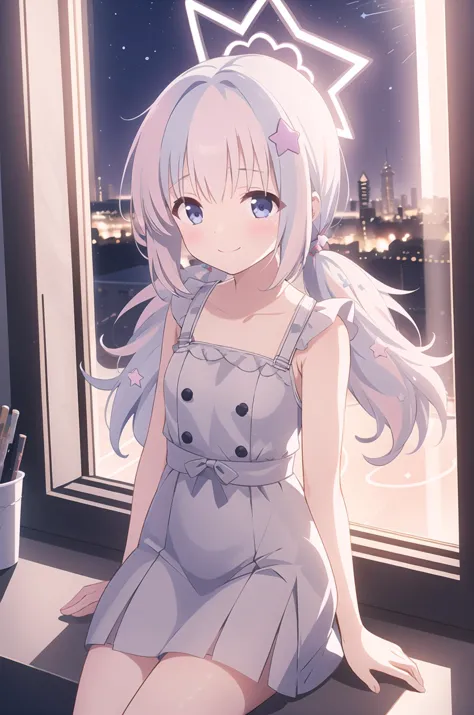 anime girl sitting on window sill looking out at the city