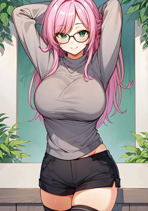 (masterpiece), best quality, solo, 1girl, long hair, pink hair, gray sweater, glasses, looking at viewer, shorts, thighhighs, breasts, smile, green eyes, closed mouth,<lora:Choco_tanuki_50:0.6>, Choco Tanuki, arms behind head,