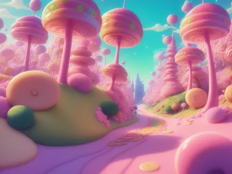 a close up of a cartoon pink and green landscape with trees