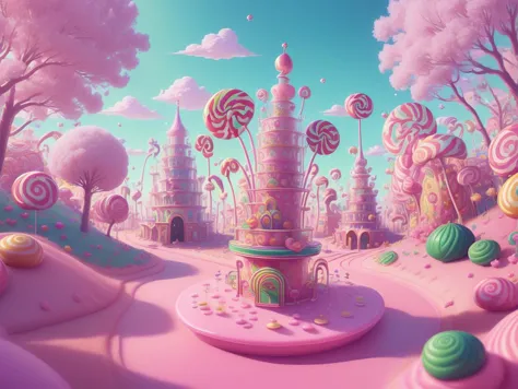 (Masterpiece, best quality:1.3), highly detailed, fantasy, , 8k, C4ndyL4ndAI, candy land, dynamic, cinematic, ultra-detailed, full background, fantasy, illustration, drip, sparkle, pancake:1.3), syrup, glitter, scenery, ((no humans)), drizzle, beautiful, (shiny:1.2), various colors, monolithic, bloom:0.4, extremely detailed, (green and hot pinkuuuuuuuuuuuuuuuuuuuuuu theme:1.3), striped, smooth, round surface <lora:C4ndyL4ndAIv2_1:1>