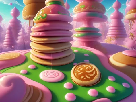 (Masterpiece, best quality:1.3), highly detailed, fantasy, , 8k, C4ndyL4ndAI, candy land, dynamic, cinematic, ultra-detailed, full background, fantasy, illustration, drip, sparkle, (pancake:1.3), syrup, glitter, scenery, ((no humans)), drizzle, beautiful, ...