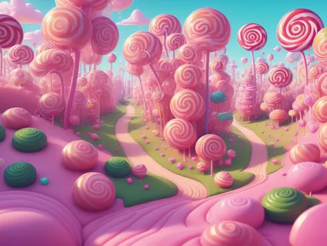 a close up of a candy land with lots of lollipops