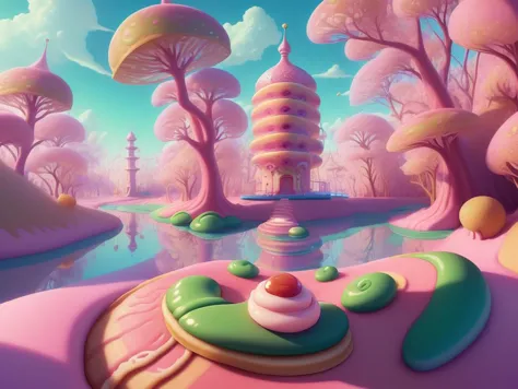 (Masterpiece, best quality:1.3), highly detailed, fantasy, , 8k, C4ndyL4ndAI, candy land, dynamic, cinematic, ultra-detailed, full background, fantasy, illustration, drip, sparkle, (pancake:1.3), syrup, glitter, scenery, ((no humans)), drizzle, beautiful, ...