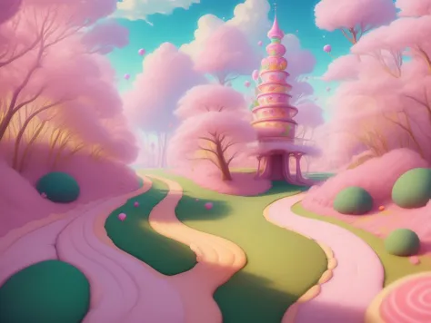 a close up of a cartoon castle in a pink forest