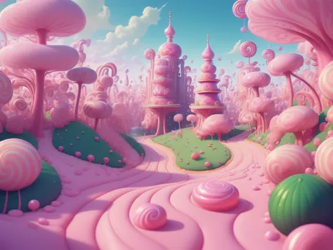 (Masterpiece, best quality:1.3), highly detailed, fantasy, , 8k, C4ndyL4ndAI, candy land, dynamic, cinematic, ultra-detailed, full background, fantasy, illustration, drip, sparkle, pancake:1.3), syrup, glitter, scenery, ((no humans)), drizzle, beautiful, (...