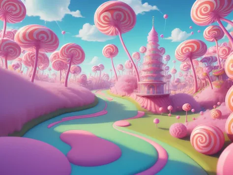 (Masterpiece, best quality:1.3), highly detailed, fantasy, , 8k, C4ndyL4ndAI, candy land, dynamic, cinematic, ultra-detailed, full background, fantasy, illustration, drip, sparkle, pancake:1.3), syrup, glitter, scenery, ((no humans)), drizzle, beautiful, (...