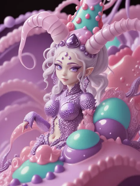 ultra detailed abstract photography of a cute pale CandyLandAI draconian MaiAI in full body pose, silver ponytail with strands hair, (masterpiece), realistic, beautiful face, cinematic light, (beautiful purple eyes:1.3), perfect anatomy,dragon horns,
pointy ears, cowboy shot, medium breasts, (fine detailed purple blackish scaly skin:1.3),black lips, black eye shadow BREAK CandyLandAI  background
<lyco:CandyLandAI:1.1>