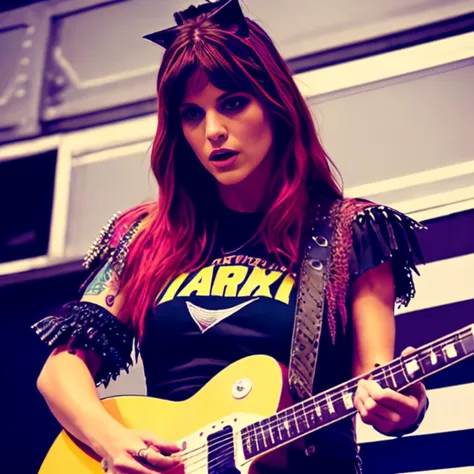 araff with red hair and a black shirt holding a yellow guitar