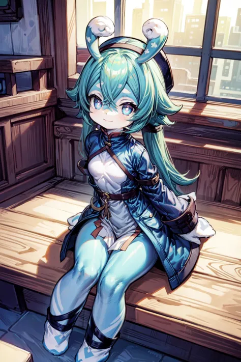 thick outlines, comics, photorealistic, 1girl, solo, small girl, flat chest, crazy look, crazy smile, seated, <lora:MelusineV2:1>, melusine, geen skin, blue hair, twintails, white Straitjacket, green pant, stubby tail, curly ears, indoor, in jail, night, detailed background, detailed face, detailed eyes, <lora:add_detail:0.7>