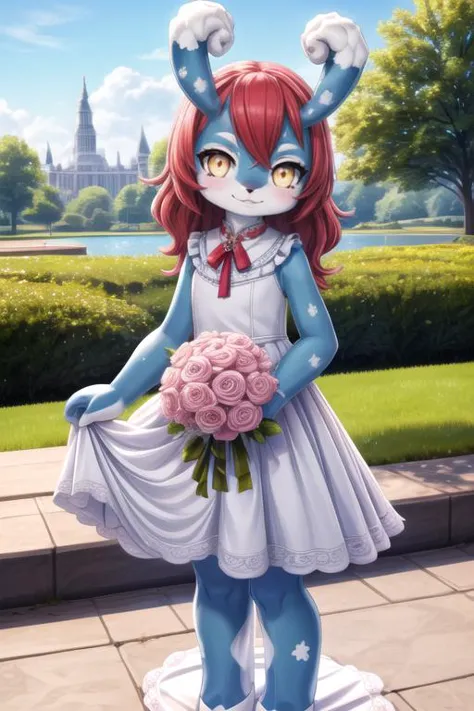 1girl, solo, masterpiece, ultra detailed, outdoors, park, scenery, melusine, blue skin, curly ears, red hair, yellow eyes, smile,smile, wedding dress, frills, standing