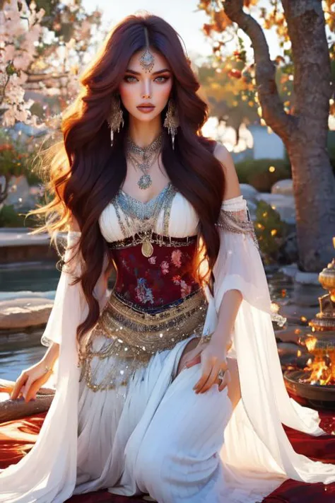 (otherworldly), highly insanely detailed, masterpiece, top quality, best quality, highres, 4k, 8k, RAW photo, (very aesthetic, beautiful and aesthetic),  
1girl, 
a beautiful female gypsy, jewelry, wearing intricate clothes, shawl, dancing around a fire in the darkness, <lora:Gypsy:1>, 
medium hair ,red hair ,split-color hair, dual-toned hair, two-tone hair,gradient hair ,asymmetrical haircut hair, updo hairstyle hair, long layers hair, feathered haircut hair , 
(deep blue eyes)      , 
white background, 
(flower, falling petals, petals on liquid, petals, cherry blossom:0.8), 
(posing with her hands on her hips in an Asian squat position in front of a modern and dynamic background. She exudes confidence and sex appeal, with her daring fashion choices leaving little to the imagination), (fantasy world)âââ