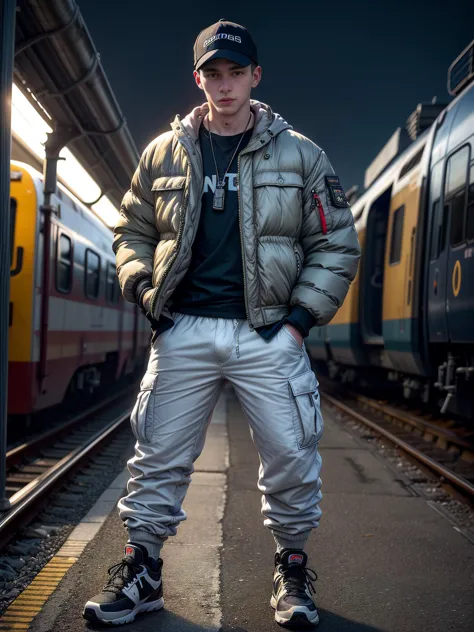 (photo realistic:1.5), wide angle, long shot, (young male:1.5), suburban chav, scally, proll, smirk, white puffer jacket, sweatp...