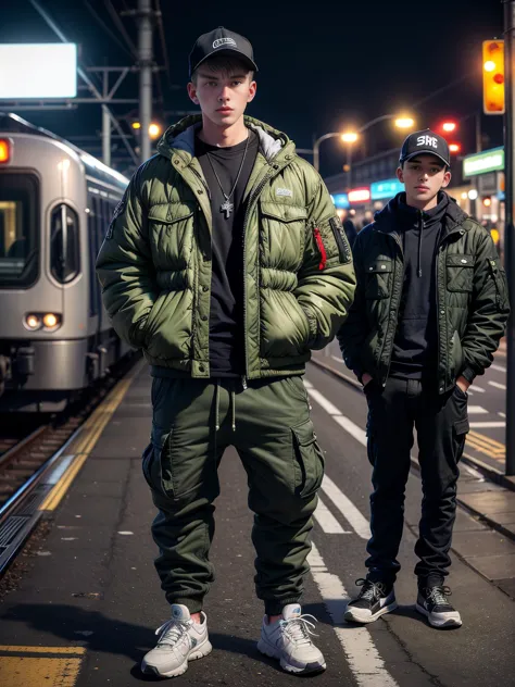 (photo realistic:1.5), wide angle, long shot, (young male:1.5), suburban chav, scally, proll, smirk, olive green puffer jacket, ...