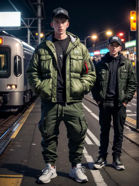 (photo realistic:1.5), wide angle, long shot, (young male:1.5), suburban chav, scally, proll, smirk, olive green puffer jacket, sweatpants, sneakers, bulging crotch, base cap, (hands in pockets:1.5), heavy necklace, wristwatch, railway platform, nighttime, trains, blurry background
(extremely intricate:1.2), (exquisitely detailed skin), dim yellowish lighting, dark soft colors, mystery, atmospheric, ultra high res, 8k uhd, intricate details, best face, best eyes, best hands, best quality, delicate, detailed face, detailed eyes, masterpiece, film grain
<lora:muscle_slider_v1:-1> <lora:add_detail:0.75> <lora:GoodHands-vanilla:0.8> <lora:hardvpl:0.5> vpl