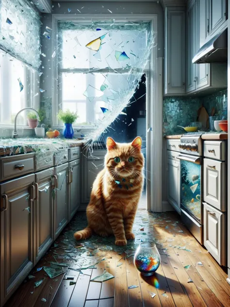 A humorous scene of a ais-bkglass cat trying to stealthily navigate through a kitchen without causing a cacophony of shatters, with a fishbowl safely out of reach. <lora:Broken_Glass_Style_SDXL:1>