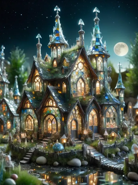 A whimsical miniature ais-bkglass fairy village, with shops, an inn, a church, houses, bridges, and gardens all intricately deta...