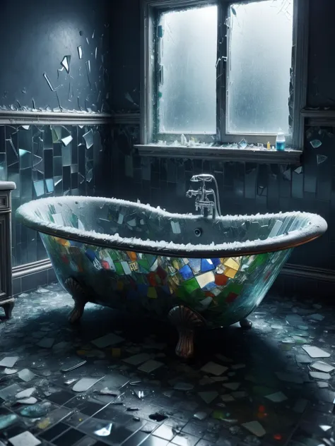 A dirty unclean ais-bkglass bath, in a dark and dingy bathroom  <lora:Broken_Glass_Style_SDXL:1>