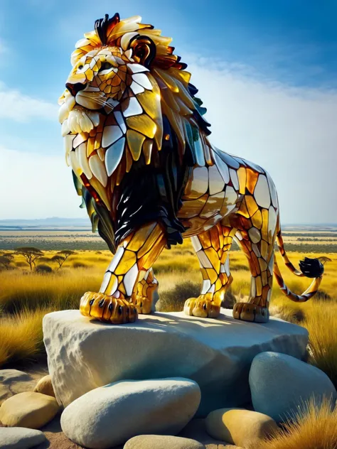 An ais-bkglass lion stood on a rock watching over the savannah <lora:Broken_Glass_Style_SDXL:1>