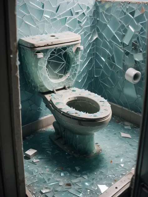 A dirty unclean ais-bkglass toilet, in a dingy bathroom  <lora:Broken_Glass_Style_SDXL:1>