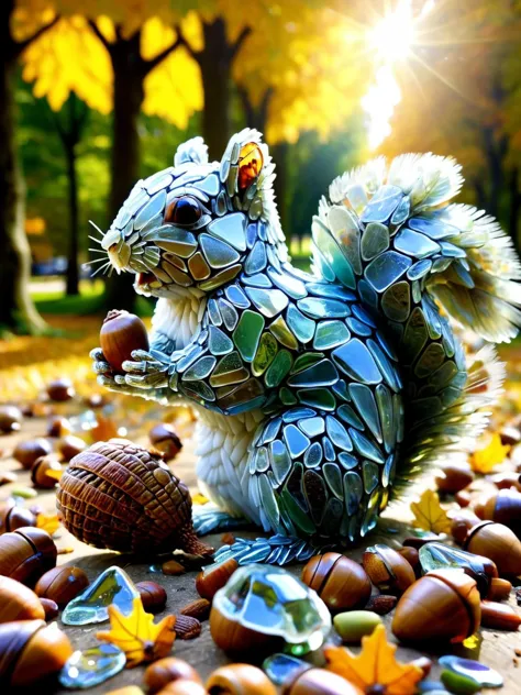 A comedic moment as a ais-bkglass squirrel attempts to hoard acorns, which also made from delicate ais-bkglass <lora:Broken_Glas...