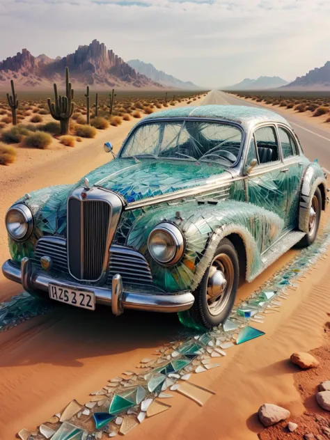 A classic car made entirely from ais-bkglass, driving on old two highway through desert <lora:Broken_Glass_Style_SDXL:1>