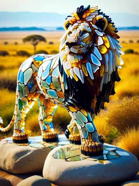 An ais-bkglass lion) stood on a rock watching over the savannah <lora:Broken_Glass_Style_SDXL:1>