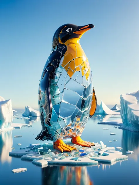 A humorous scene where a penguin made completely from ais-bkglass, waddles comically on a melting iceberg, with a puzzled expres...
