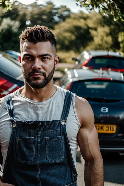 arafed man in overalls standing in front of parked cars