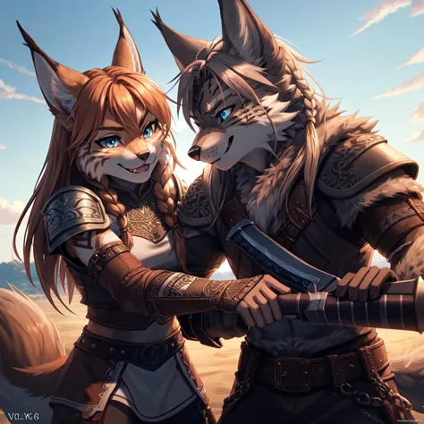 <lora:v1k1ng:1> v1k1ng, furs, leather armor, braids,
(anthro female lynx) and (anthro male wolf) fighting (with weapons:1.2), fr...