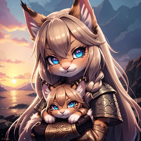 <lora:v1k1ng:1> v1k1ng, furs, leather armor, braids,
(anthro kitten),chibi, gentle smile, (detailed perfect eyes), (detailed flu...