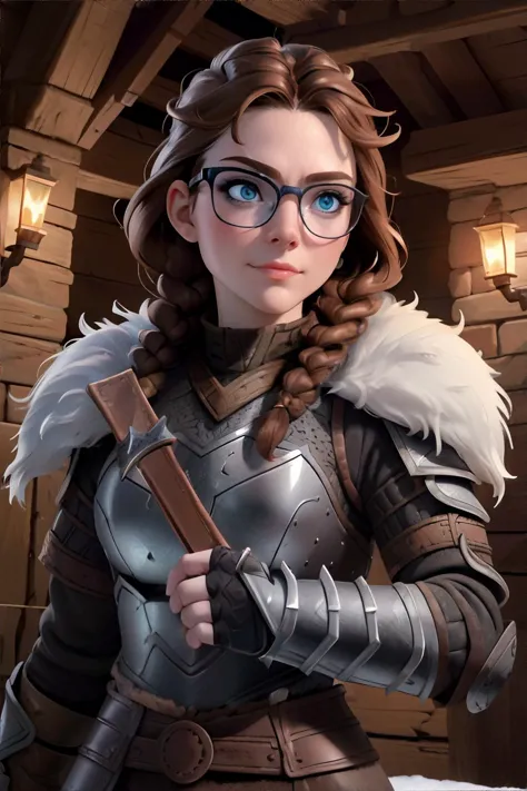 <lora:viking-freckledvixon:0.7>, V1k1ng, furs, leather armor, braids, winter,  <lora:bzl:0.8>, bzl_test, short wavy brown hair, (grey|blue) eyes, glasses, (freckles:0.4), closed smile || skin, hair, clothing, masterpiece, 8k, high resolution, shallow depth of field, sharp focus