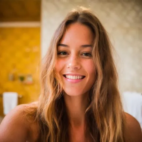 arafed woman with long hair smiling in a bathroom