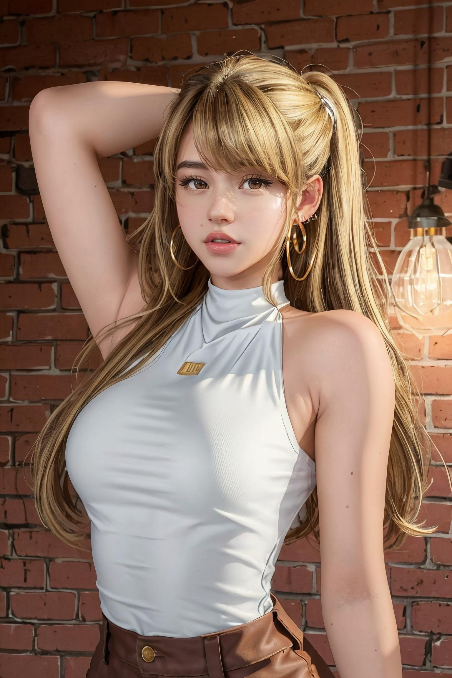 A woman with long blonde hair and a black top posing for a picture - SeaArt  AI