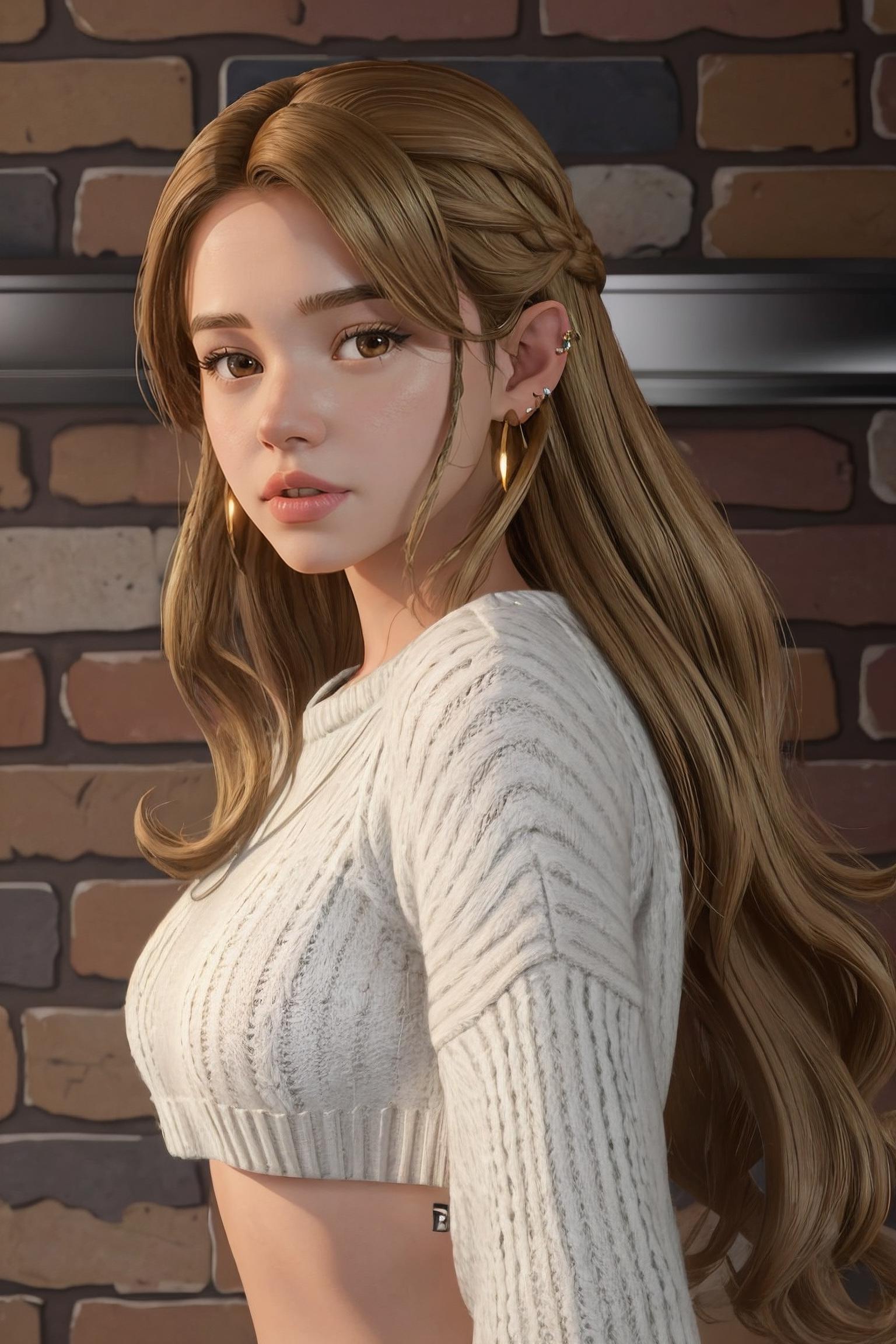 A woman with long hair and a white sweater posing in front of a brick wall  - SeaArt AI