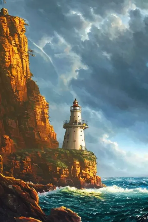 painting of a lighthouse on a rocky cliff by the ocean