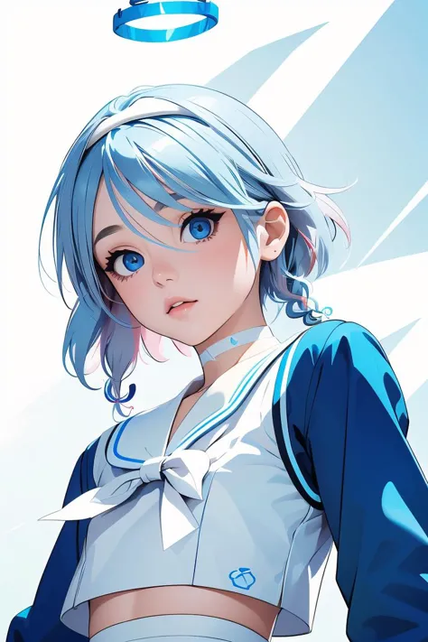 anime girl with blue hair and a white top and blue eyes