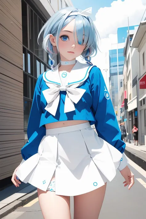 anime girl in blue and white outfit walking down a street