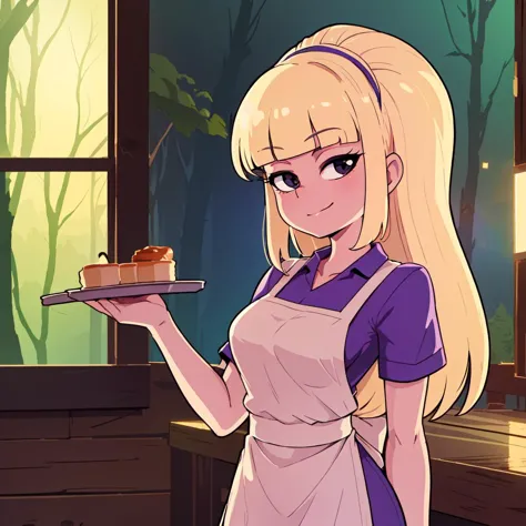 masterpiece, best quality, highly detailed, , <lora:PacificaV2:.8>,pacifica wearing a waitress outfit and white apron in a roadside diner, small breasts, log cabin, thin waist, window with forest background, smile, long blonde hair, blunt bangs,