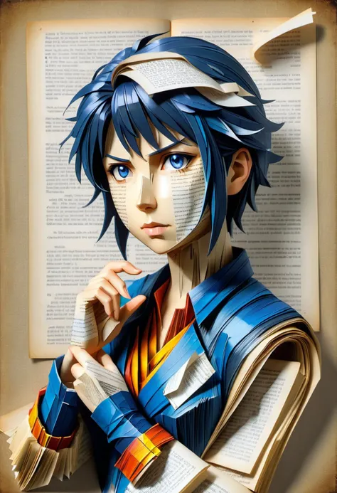 (((masterpiece))) , (((best quality))) , anime style, 2d, well-built charming 1girl, solo, lovely 1girl, 
Bookpaper, portrait of  Roy Mustang with a book-like appearance, vibrant paint. she’ s resting her hand on her chin, made out of pages of newspaper, creating a striking and eye-catching scene., she has Shaved sides hair, key visual, 