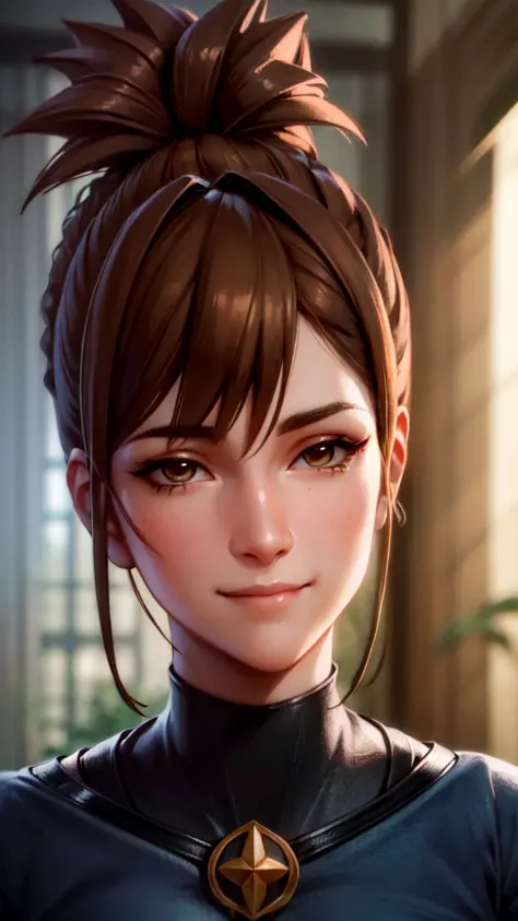 best quality ,beautiful,gorgeous , highly detailed , unreal engine , octane render   ,  , detailed face,brown eyes,cute smile with closed mouth , ray traced reflections, mature  , 8k high res  , extremely detailed eyes  , masterpiece ,  ,marci dota2,brown hair,brown belt,anime style,